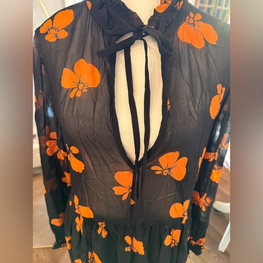 Ganni Black Sheer Dress with Orange Floral Design Lined on Bottom - Picture 4 of 15